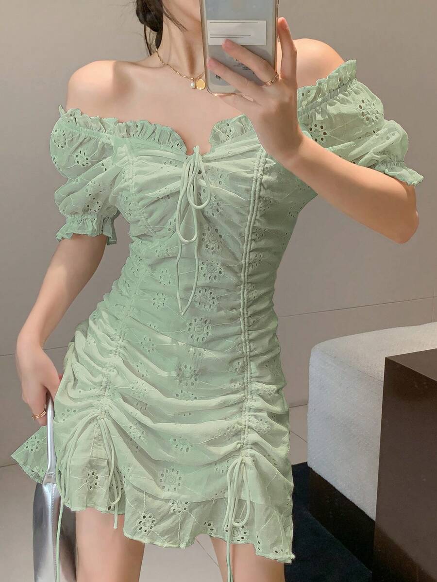 DAZY 素色褶邊前抽繩荷葉邊洋裝 - 綠色 - 查看 1