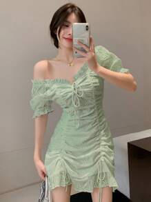DAZY 素色褶邊前抽繩荷葉邊洋裝 - 綠色 - 查看 2