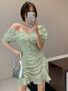 DAZY 素色褶邊前抽繩荷葉邊洋裝 - 綠色 - 查看 4