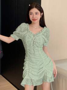 DAZY 素色褶邊前抽繩荷葉邊洋裝 - 綠色 - 查看 5