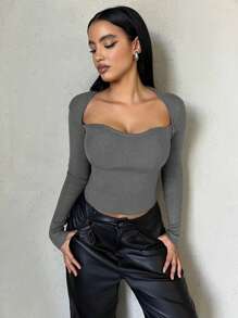 SHEIN SXY 雞心領口條紋針織套頭毛衣 - 深灰色 - 查看 1