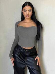 SHEIN SXY 雞心領口條紋針織套頭毛衣 - 深灰色 - 查看 4