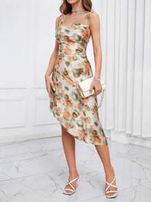 SHEIN Privé 紮染肩部打結不對稱下擺吊帶連衣裙 - 彩色 - 查看 3