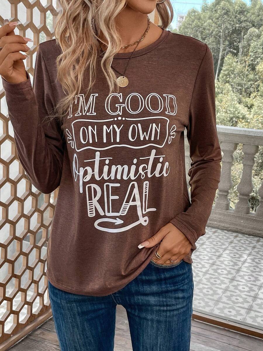 SHEIN LUNE Áo thun họa tiết khẩu hiệu - Màu nâu  Mocha - Xem 1