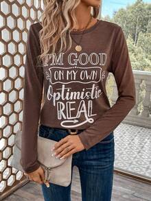 SHEIN LUNE Áo thun họa tiết khẩu hiệu - Màu nâu  Mocha - Xem 3