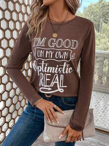 SHEIN LUNE Áo thun họa tiết khẩu hiệu - Màu nâu  Mocha - Xem 4