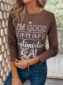 SHEIN LUNE Áo thun họa tiết khẩu hiệu - Màu nâu  Mocha - Xem 5