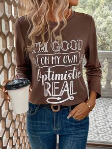 SHEIN LUNE Áo thun họa tiết khẩu hiệu - Màu nâu  Mocha - Xem 6