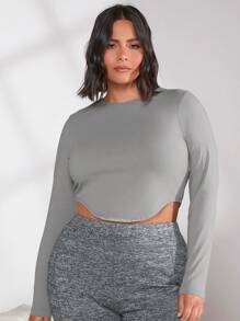 SHEIN BASICS Plus Solid Curved Hem Crop Tee - Light Grey - View 1