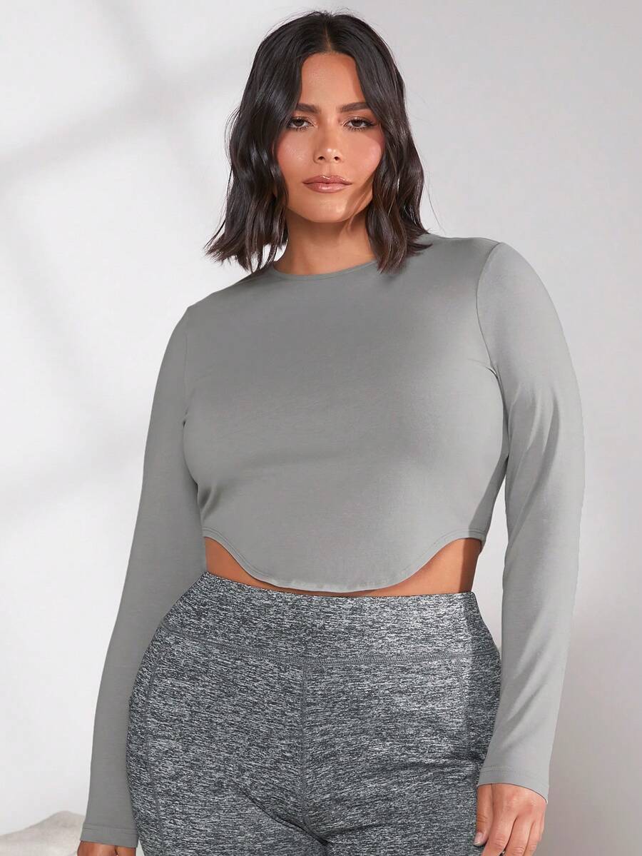 SHEIN BASICS Plus Solid Curved Hem Crop Tee - Light Grey - View 1