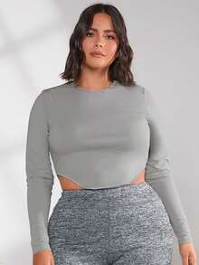 SHEIN BASICS Plus Solid Curved Hem Crop Tee - Light Grey - View 5