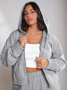 SHEIN BASICS Plus Size Cozy Fleece Zip Up Drawstring Sweatshirt - Light Grey - View 3