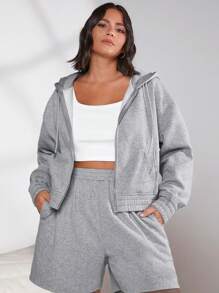 SHEIN BASICS Plus Size Cozy Fleece Zip Up Drawstring Sweatshirt - Light Grey - View 4