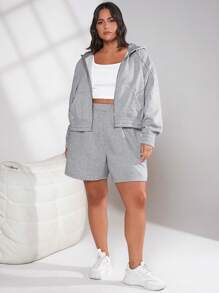 SHEIN BASICS Plus Size Cozy Fleece Zip Up Drawstring Sweatshirt - Light Grey - View 5