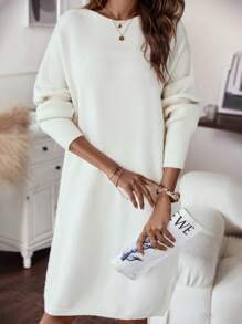 SHEIN LUNE 秋冬纯色落肩毛衣裙