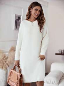 SHEIN LUNE 秋冬纯色落肩毛衣裙