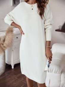 SHEIN LUNE 秋冬纯色落肩毛衣裙