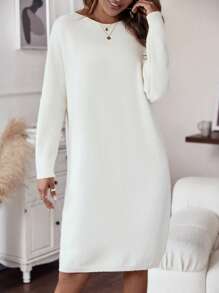 SHEIN LUNE 秋冬纯色落肩毛衣裙