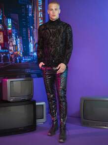 FeverCity Men Lace Up Front PU Leather Trousers - Black - View 5