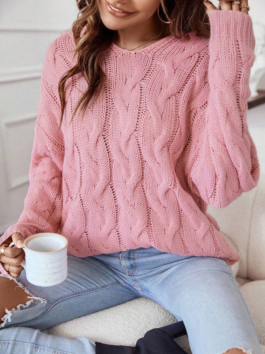 SHEIN LUNE Xoắn Dan Thả vai Áo len - Màu Hồng baby - Xem 1