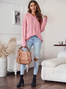 SHEIN LUNE Xoắn Dan Thả vai Áo len - Màu Hồng baby - Xem 3