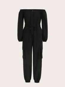 SHEINNeu Off Shoulder Drawstring Waist Flap Pocket Jumpsuit - Black - View 1