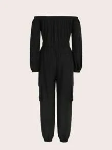 SHEINNeu Off Shoulder Drawstring Waist Flap Pocket Jumpsuit - Black - View 2