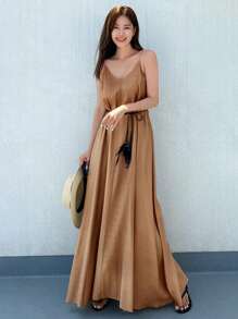 DAZY Solid Belted Cami Dress - Brown - View 1