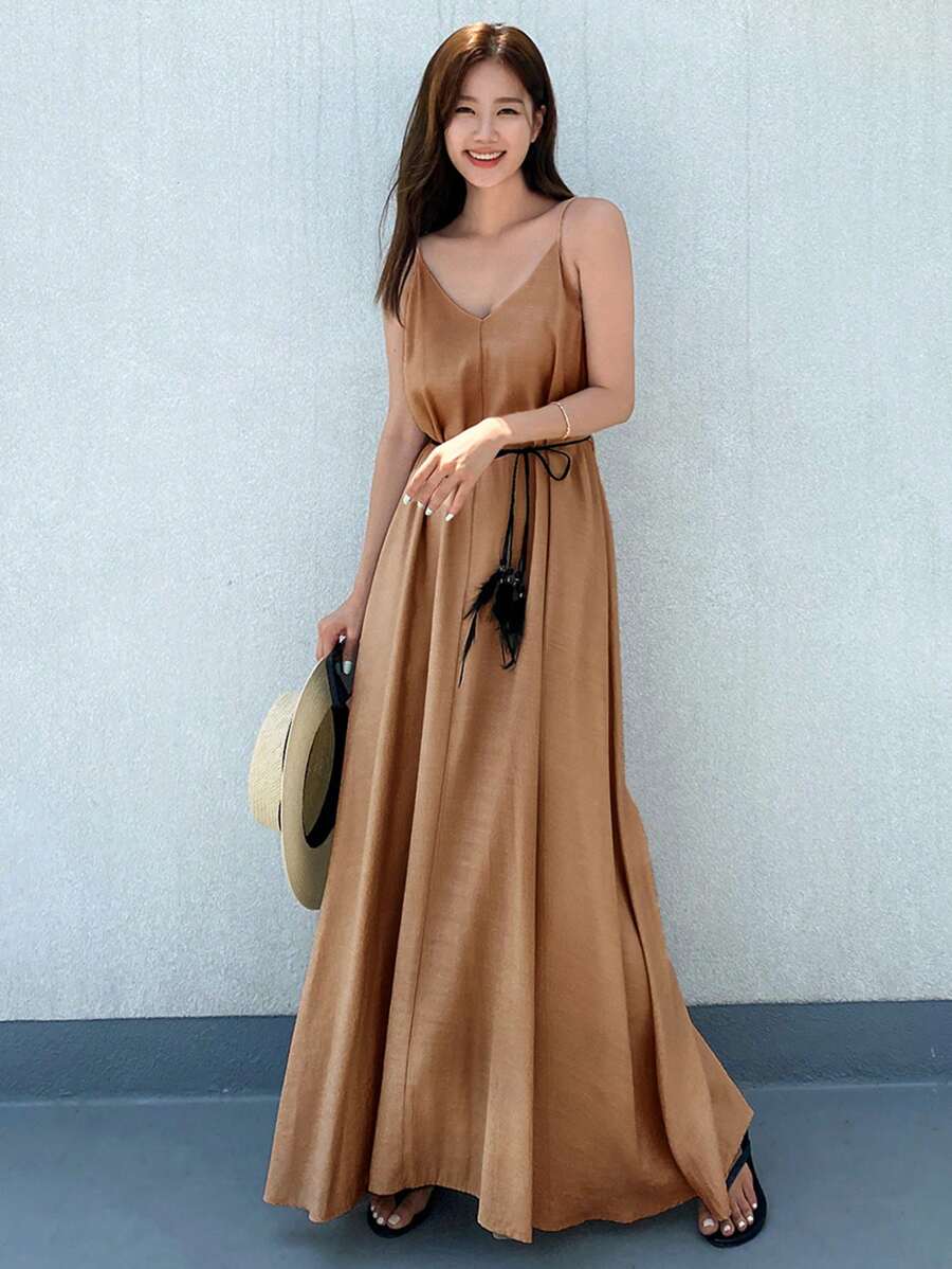 DAZY Solid Belted Cami Dress - Brown - View 1