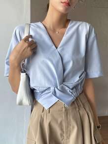 DAZY Blusa unicolor girante delantero - Celeste - Ver 1