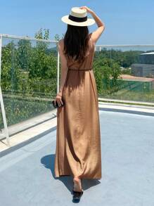 DAZY Solid Belted Cami Dress - Brown - View 2