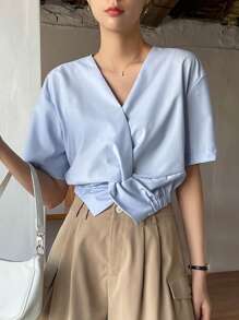 DAZY Blusa unicolor girante delantero - Celeste - Ver 3