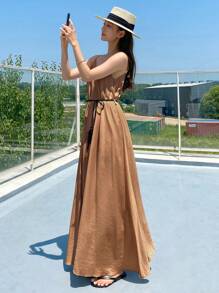 DAZY Solid Belted Cami Dress - Brown - View 3