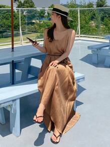 DAZY Solid Belted Cami Dress - Brown - View 4