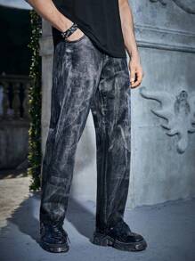 Manfinity EMRG 男士萬聖節紮染直筒牛仔褲 - 黑色 - 查看 1