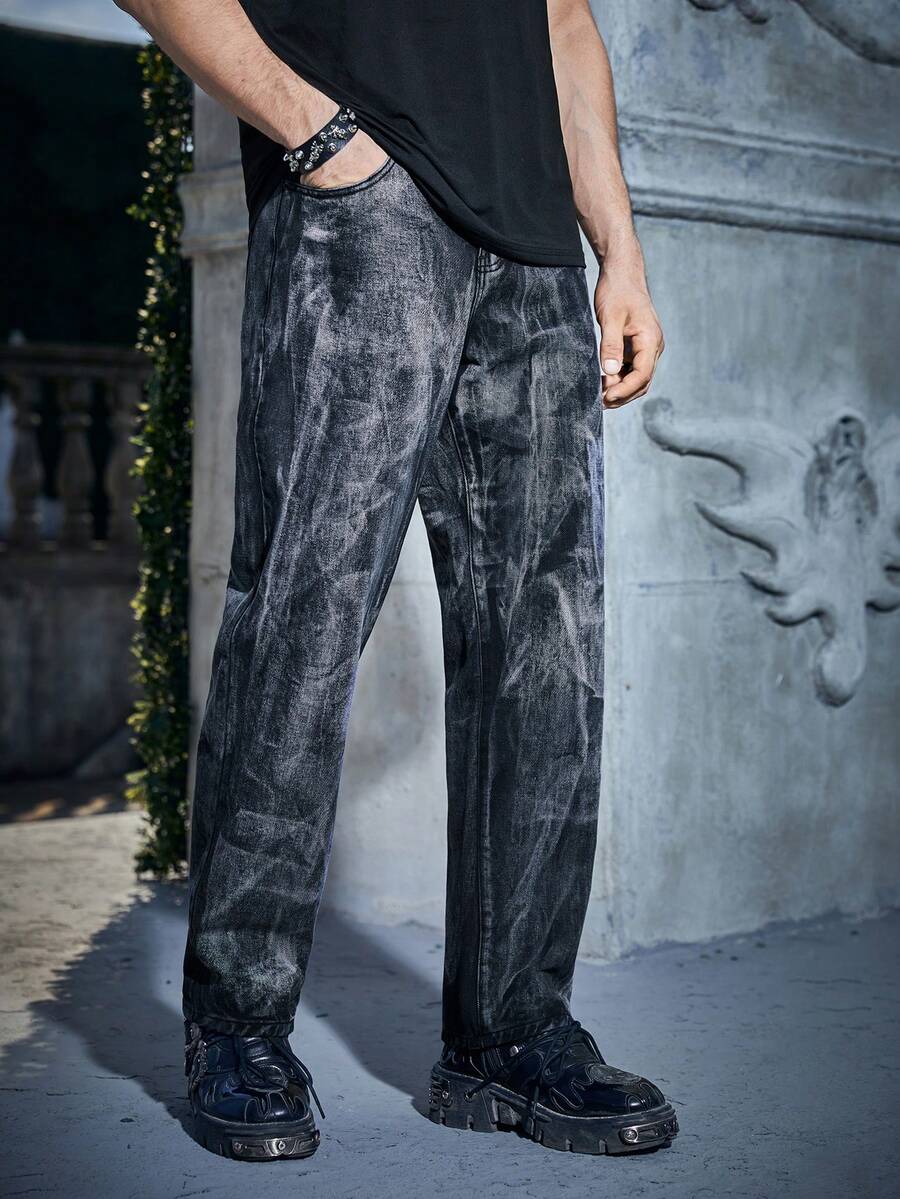 Manfinity EMRG 男士萬聖節紮染直筒牛仔褲 - 黑色 - 查看 1