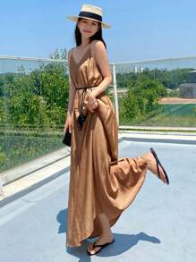 DAZY Solid Belted Cami Dress - Brown - View 5