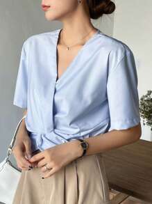 DAZY Blusa unicolor girante delantero - Celeste - Ver 4