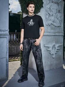 Manfinity EMRG 男士萬聖節紮染直筒牛仔褲 - 黑色 - 查看 4