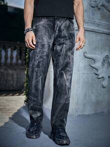 Manfinity EMRG 男士萬聖節紮染直筒牛仔褲 - 黑色 - 查看 5