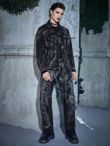 Manfinity EMRG 男士萬聖節紮染直筒牛仔褲 - 黑色 - 查看 6