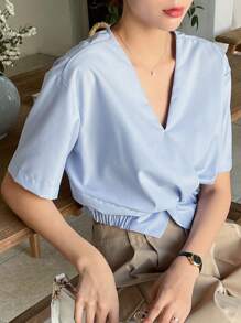 DAZY Blusa unicolor girante delantero - Celeste - Ver 7