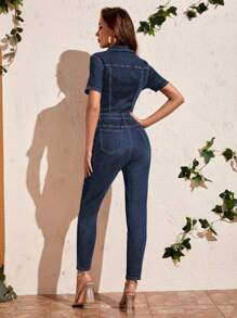 SHEIN Essnce Mono con bolsillo con solapa con botón delantero mezclilla - Azul lavado medio - Ver 3