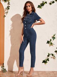 SHEIN Essnce Mono con bolsillo con solapa con botón delantero mezclilla - Azul lavado medio - Ver 5