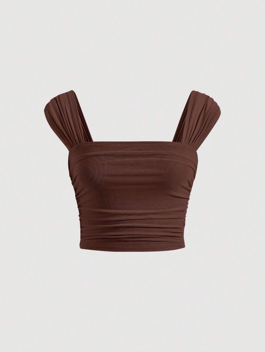 SHEIN MOD Top unicolor fruncido crop correa ancha - Marrón Chocolate - Ver 1
