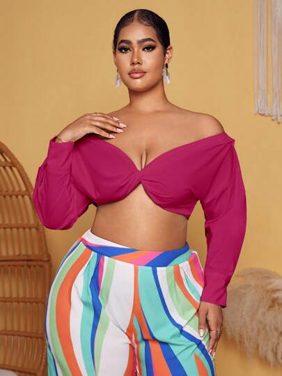 SHEIN SXY 大碼一字肩前扭結短款上衣