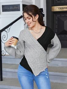 Teen Girls Two Tone Crossover Cable Knit Sweater - Multicolor - View 1