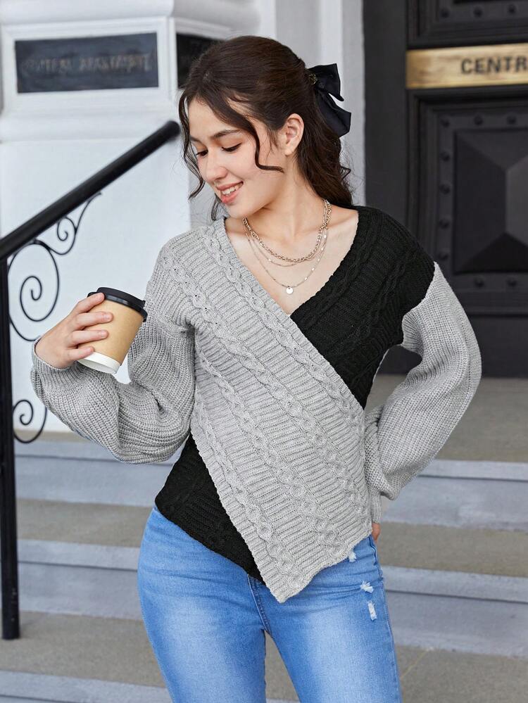 Teen Girls Two Tone Crossover Cable Knit Sweater