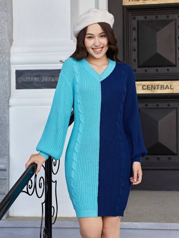 Teen Girl Two Tone Cable Knit Sweater Dress