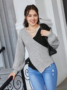 Teen Girls Two Tone Crossover Cable Knit Sweater - Multicolor - View 5